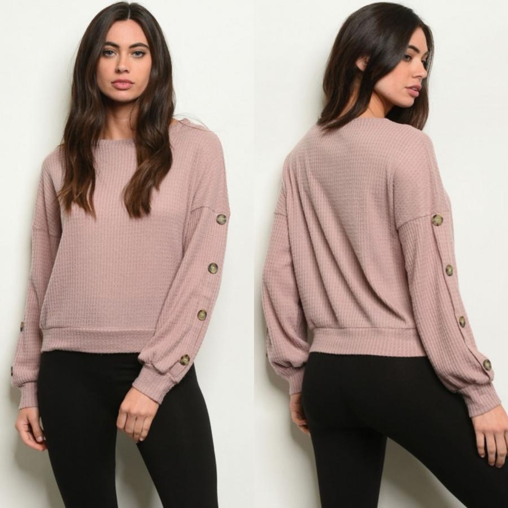 Brushed Waffle Knit Top with Button Down Sleeves